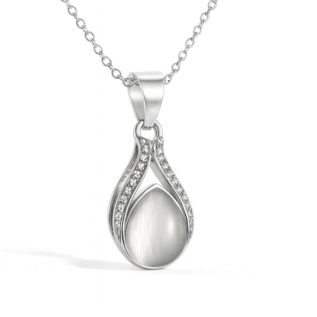 Jewello fashionable silver-plated drop design with white stone stud chain pendant set for women and girls.