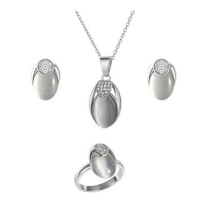 Jewello stylish silver-plated oval shape design with white stone stud chain pendant set for women and girls.