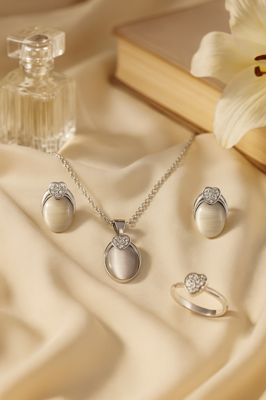 Jewello stylish silver-plated oval shape design with white stone stud chain pendant set for women and girls.