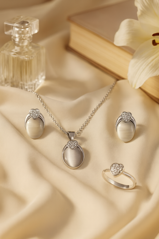 Jewello stylish silver-plated oval shape design with white stone stud chain pendant set for women and girls.