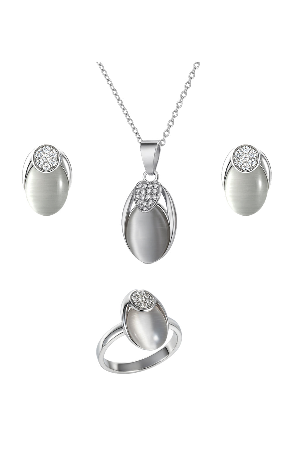 Jewello stylish silver-plated oval shape design with white stone stud chain pendant set for women and girls.