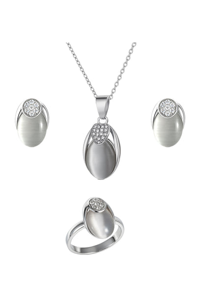Jewello stylish silver-plated oval shape design with white stone stud chain pendant set for women and girls.