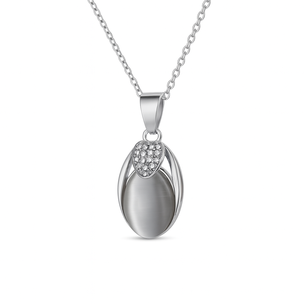 Jewello stylish silver-plated oval shape design with white stone stud chain pendant set for women and girls.