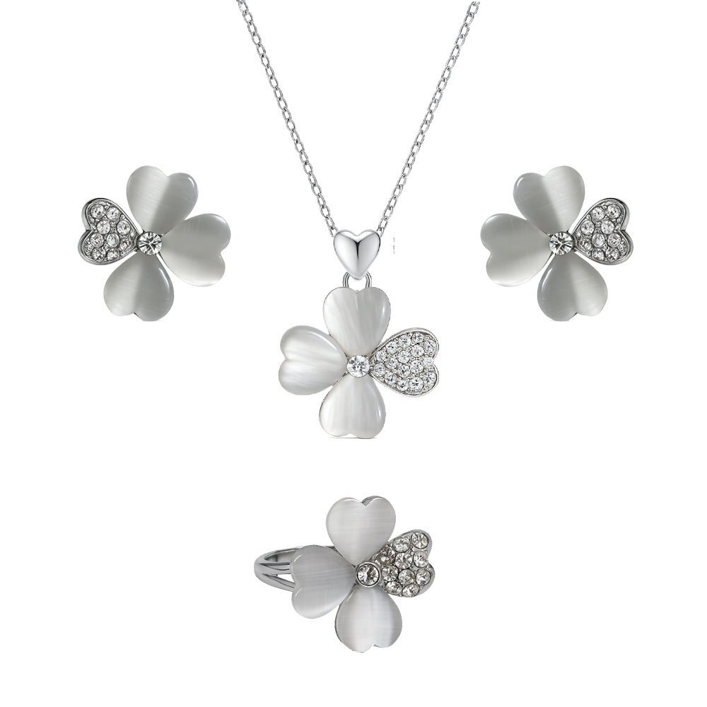 Jewello trendy silver-plated floral design with shimmering white stone stud pendant set for women and girls.