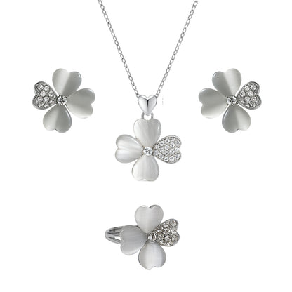 Jewello trendy silver-plated floral design with shimmering white stone stud pendant set for women and girls.