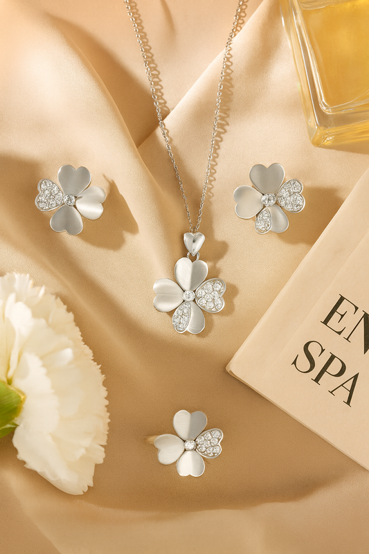 Jewello trendy silver-plated floral design with shimmering white stone stud pendant set for women and girls.