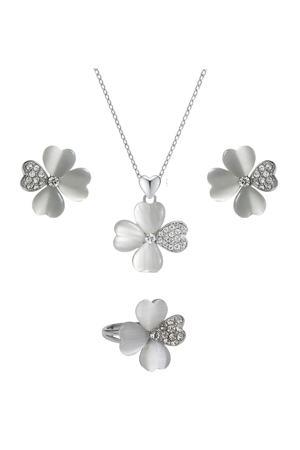 Jewello trendy silver-plated floral design with shimmering white stone stud pendant set for women and girls.