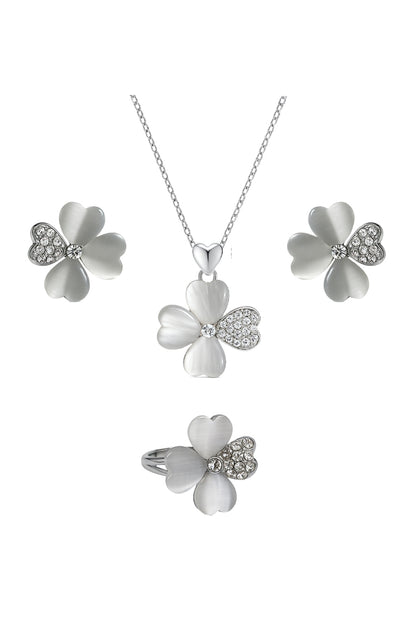 Jewello trendy silver-plated floral design with shimmering white stone stud pendant set for women and girls.