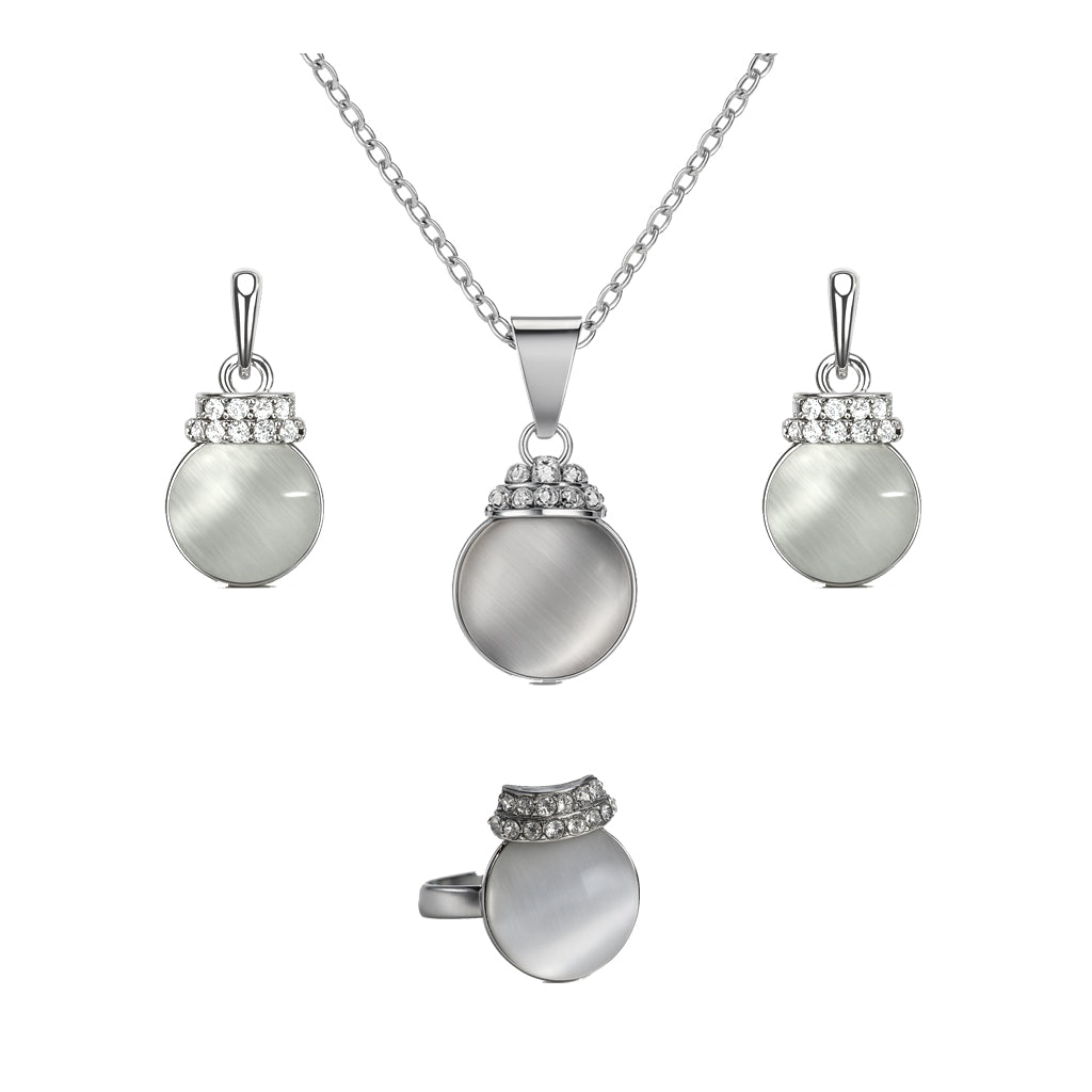 Jewello elegant silver-plated round shape design with white stone stud pendant chain set for women and girls.