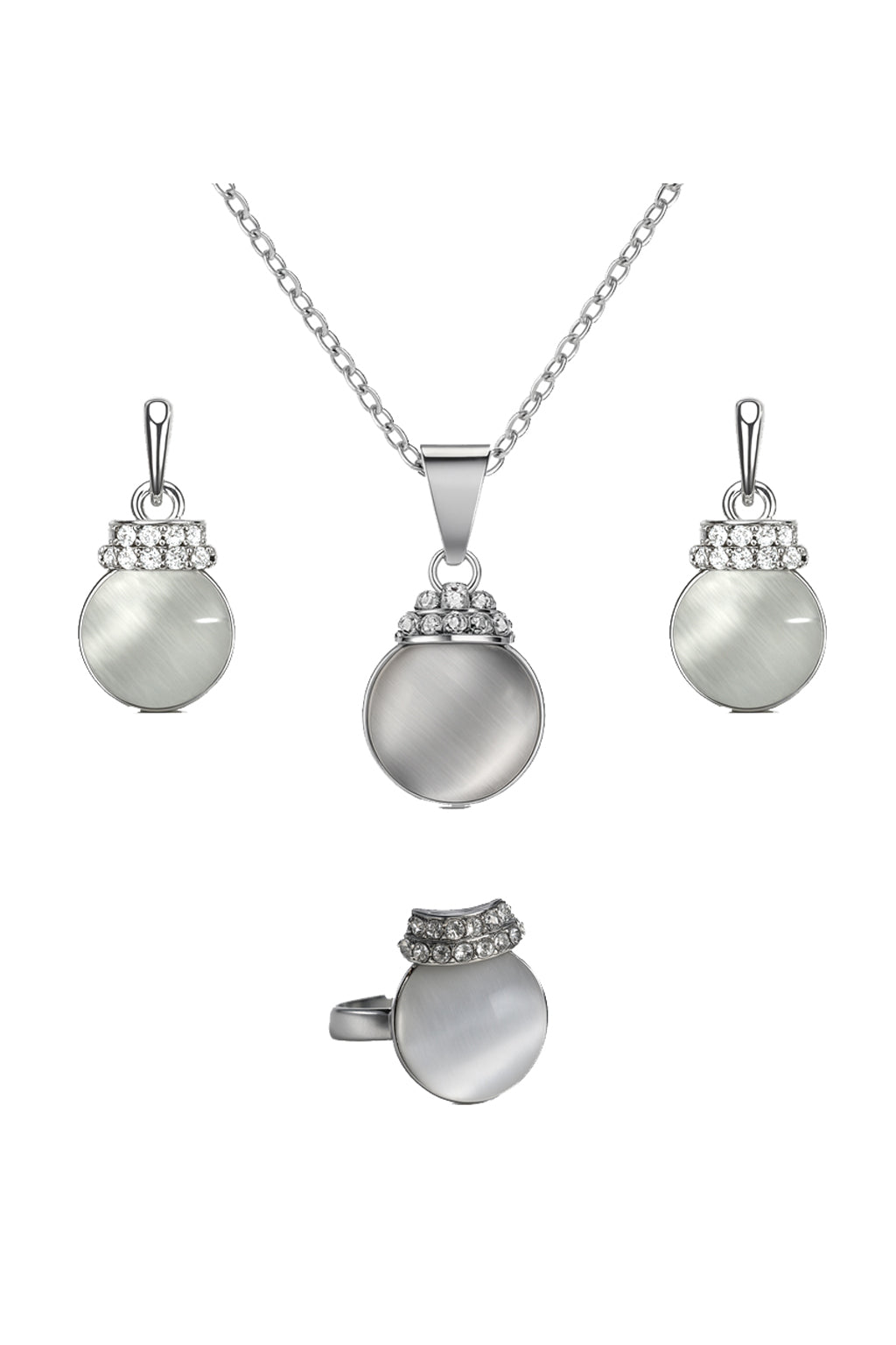 Jewello elegant silver-plated round shape design with white stone stud pendant chain set for women and girls.