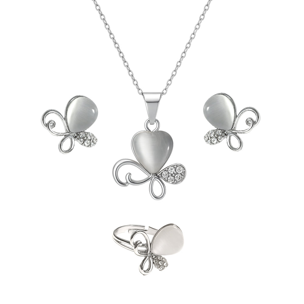 Jewello trendy silver-plated floral design with shimmering white stone stud pendant chain set for women and girls.
