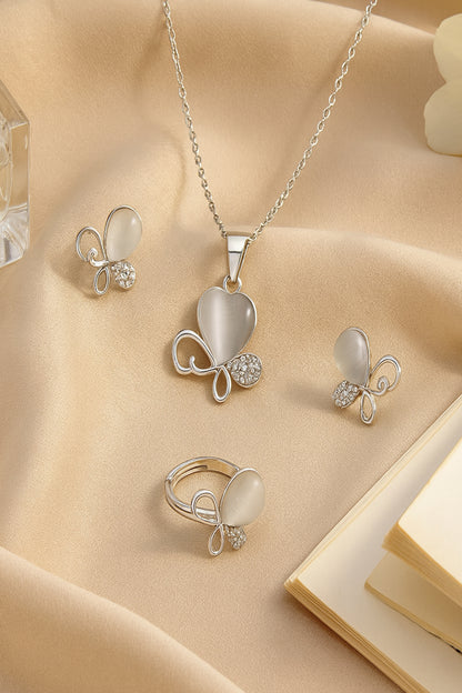 Jewello trendy silver-plated floral design with shimmering white stone stud pendant chain set for women and girls.