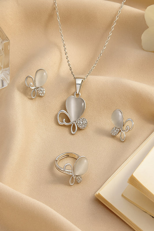 Jewello trendy silver-plated floral design with shimmering white stone stud pendant chain set for women and girls.