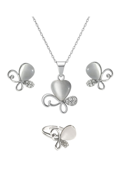 Jewello trendy silver-plated floral design with shimmering white stone stud pendant chain set for women and girls.