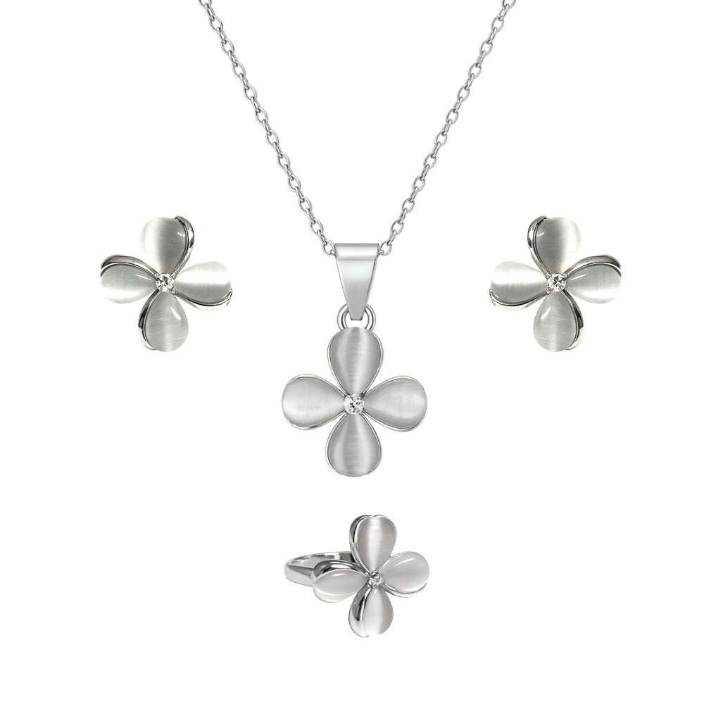 Jewello stylish silver-plated floral design with white stone stud pendant chain set for women and girls.