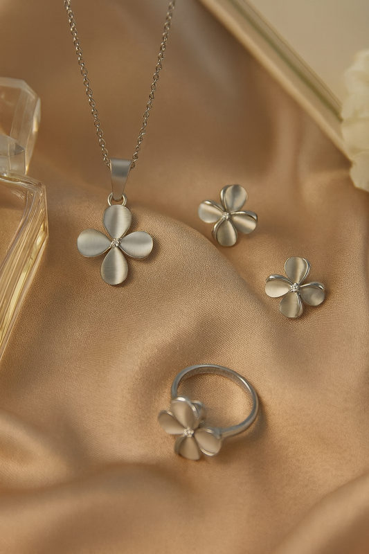 Jewello stylish silver-plated floral design with white stone stud pendant chain set for women and girls.