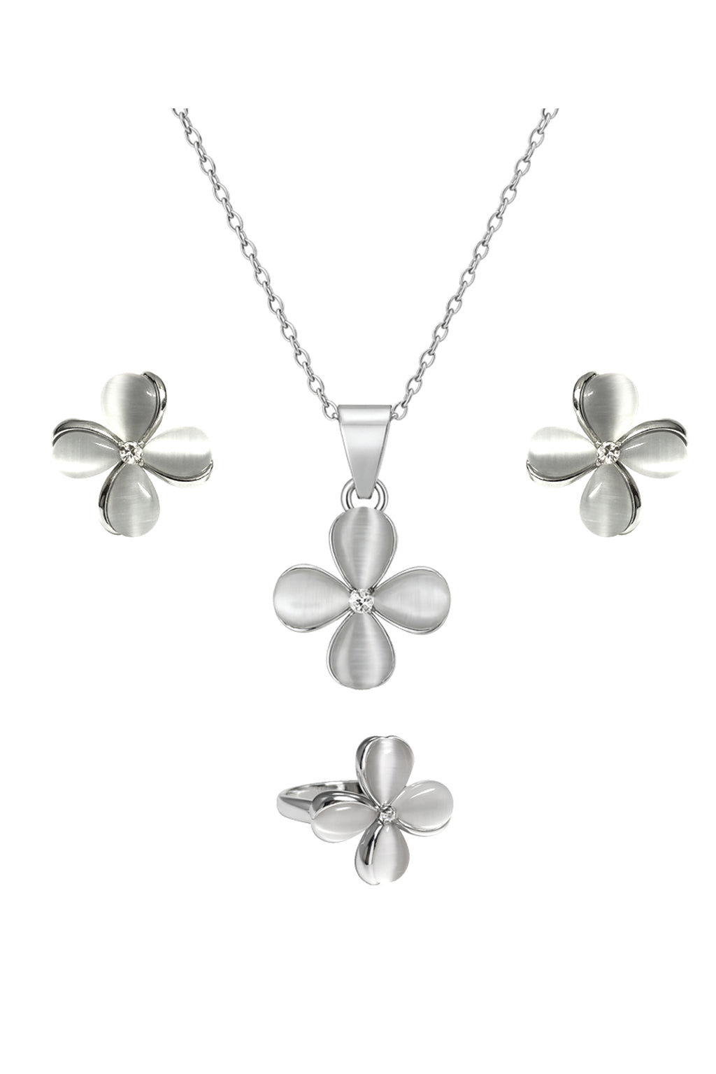 Jewello stylish silver-plated floral design with white stone stud pendant chain set for women and girls.
