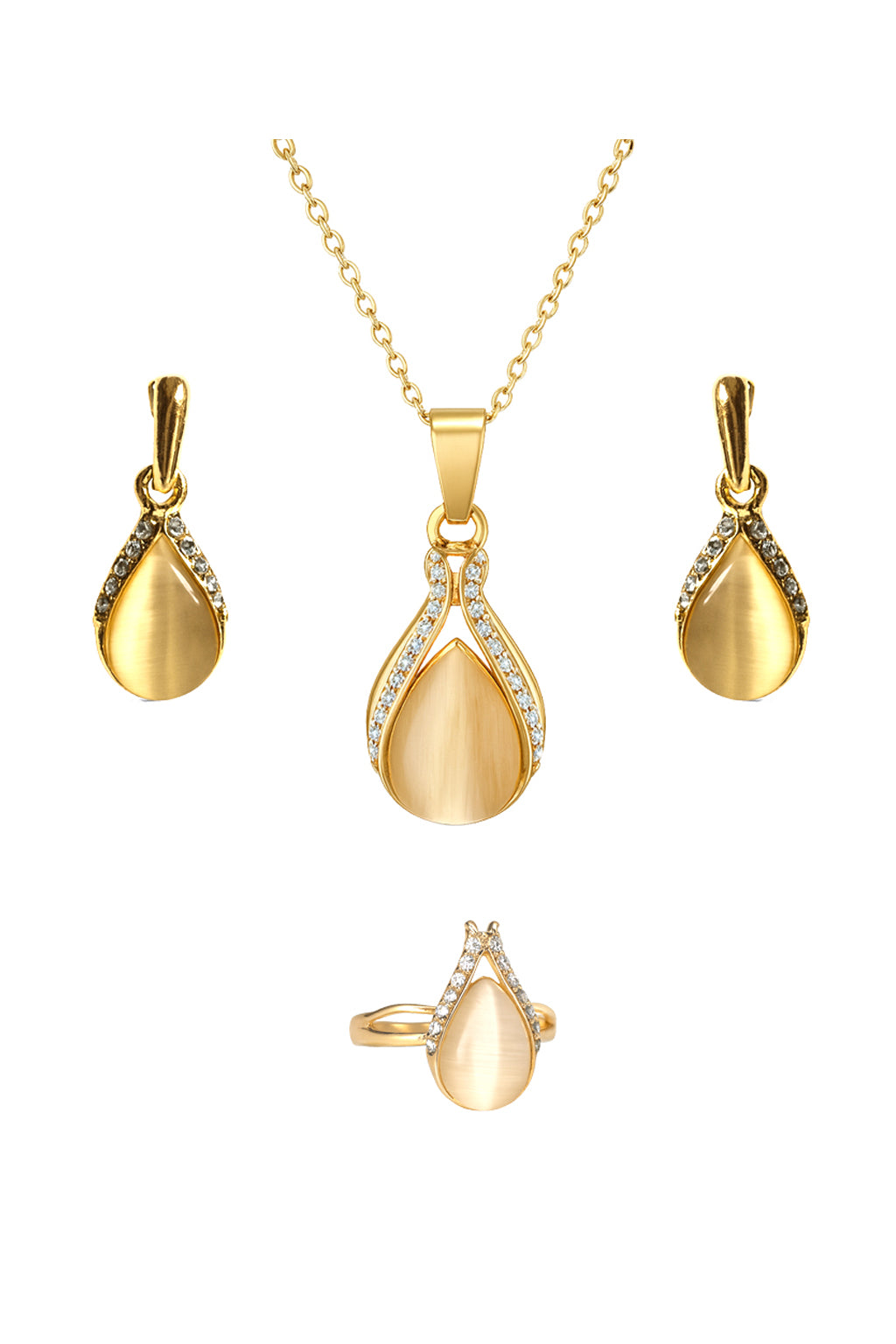 Jewello delicate gold-plated drop shape design with white stone stud chain pendant set for women and girls.