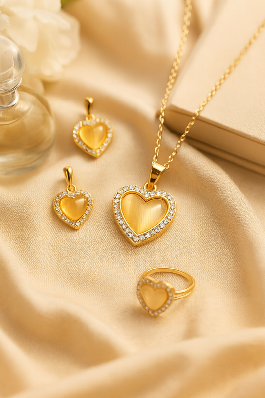 Jewello trendy gold-plated heart design and white stone stud chain pendant set for women and girls.