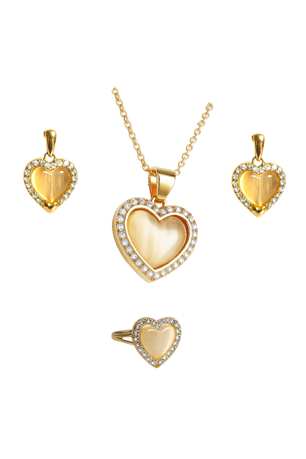 Jewello trendy gold-plated heart design and white stone stud chain pendant set for women and girls.