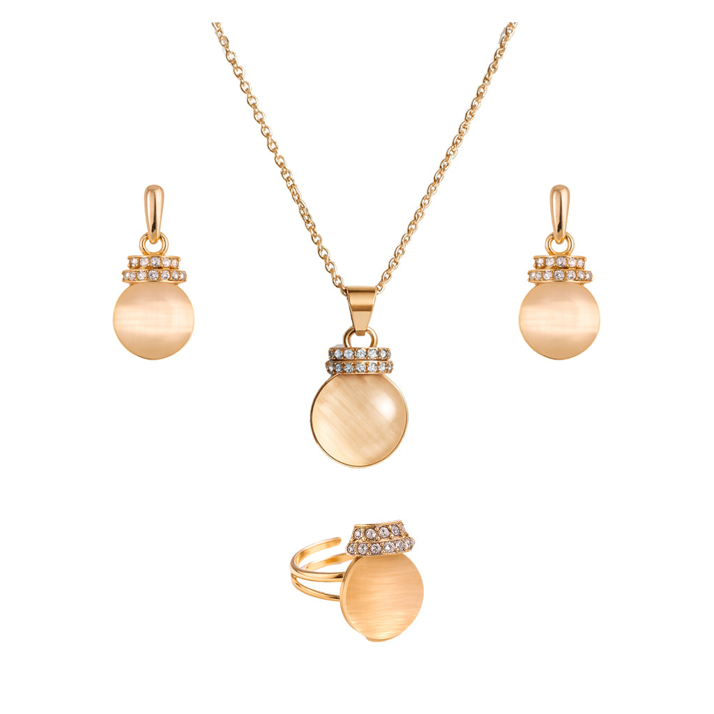 Jewello trendy gold-plated round shape design with white stone stud chain pendant set for women and girls.