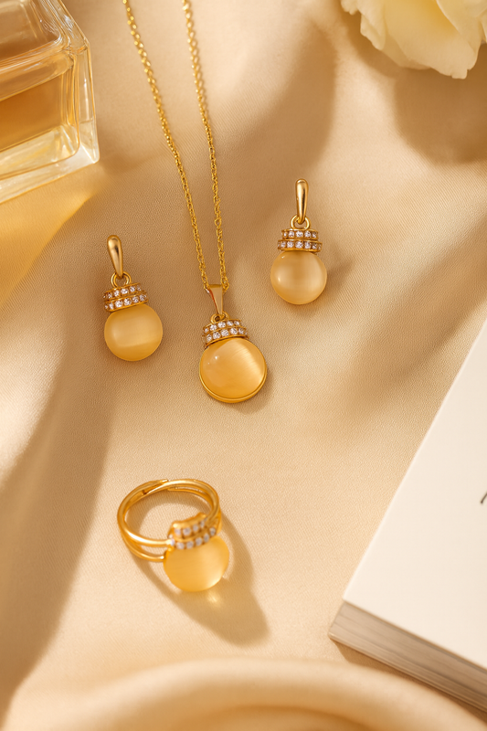 Jewello trendy gold-plated round shape design with white stone stud chain pendant set for women and girls.