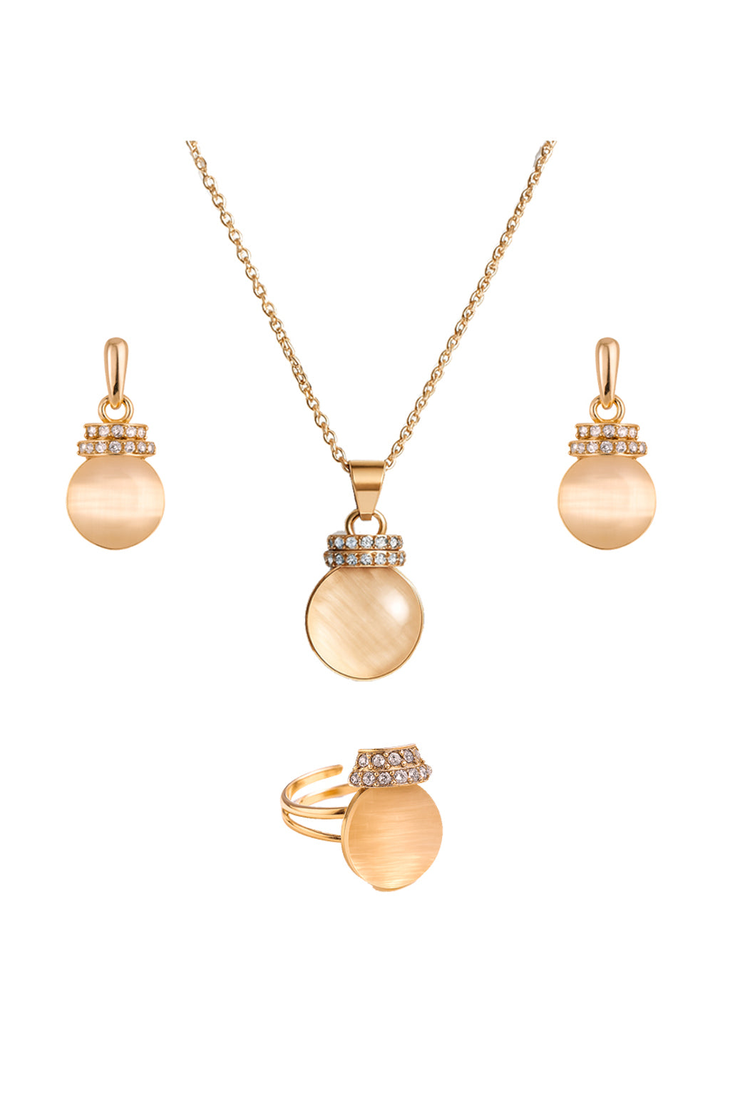 Jewello trendy gold-plated round shape design with white stone stud chain pendant set for women and girls.