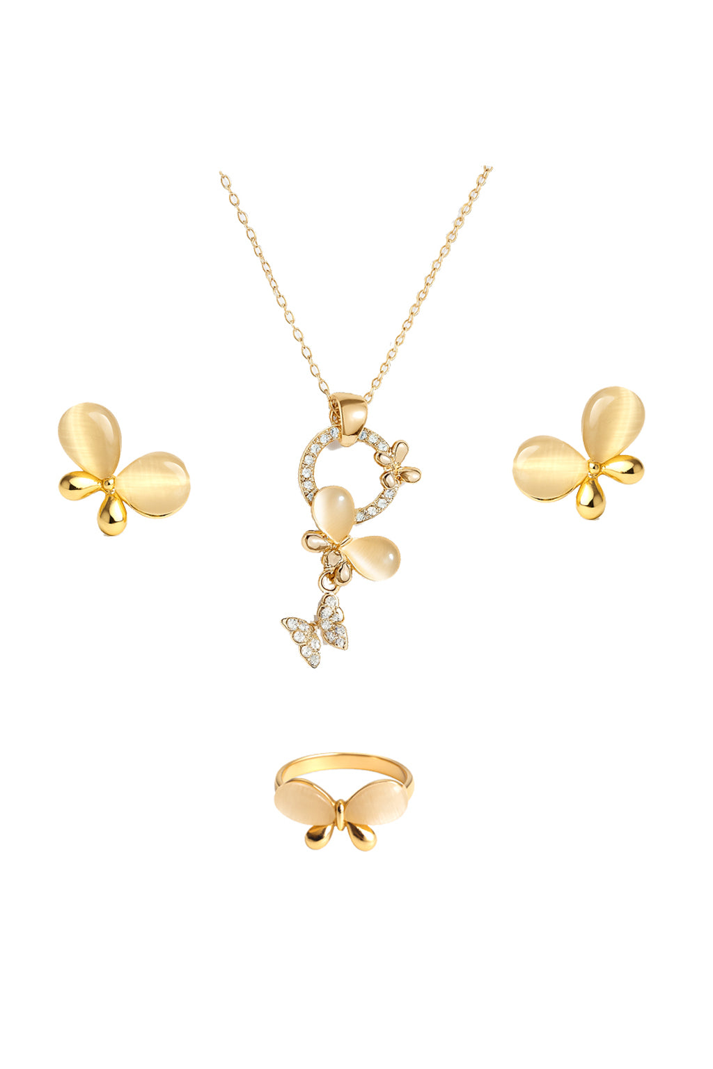 Jewello gold plated floral design with white stone stud chain pendant set for women and girls.