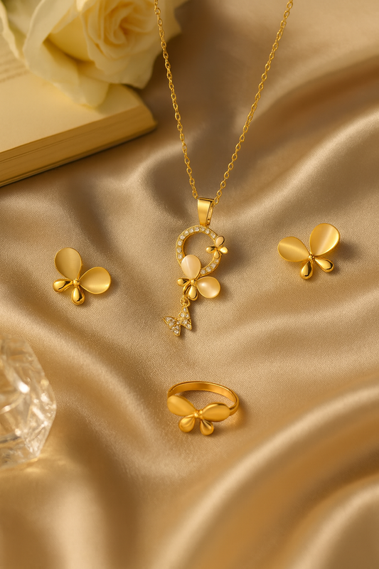 Jewello gold plated floral design with white stone stud chain pendant set for women and girls.