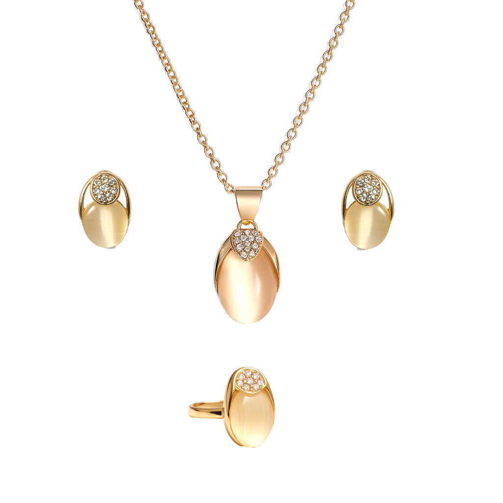 Jewello trendy gold-plated oval shape design with white stone stud chain pendant set for women and girls.