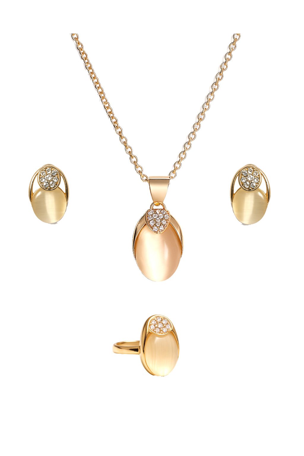 Jewello trendy gold-plated oval shape design with white stone stud chain pendant set for women and girls.