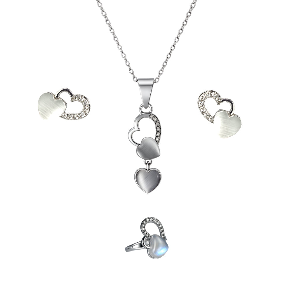 Jewello trendy silver-plated heart design with white stone stud chain pendant set for women and girls.