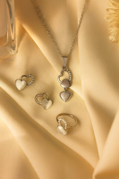 Jewello trendy silver-plated heart design with white stone stud chain pendant set for women and girls.