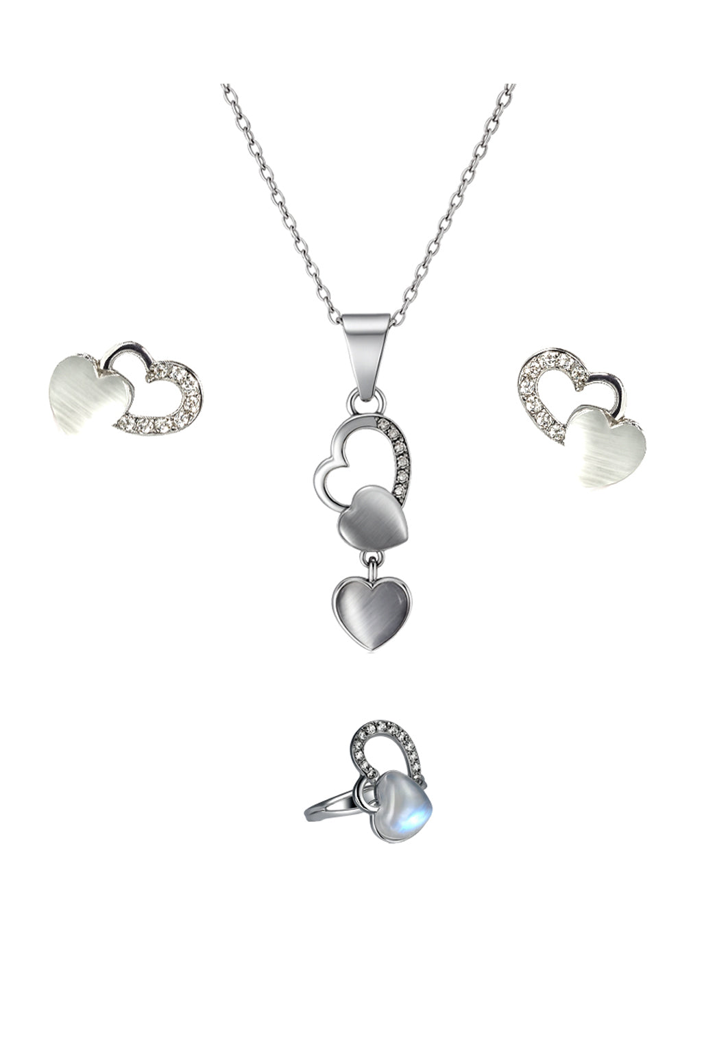 Jewello trendy silver-plated heart design with white stone stud chain pendant set for women and girls.