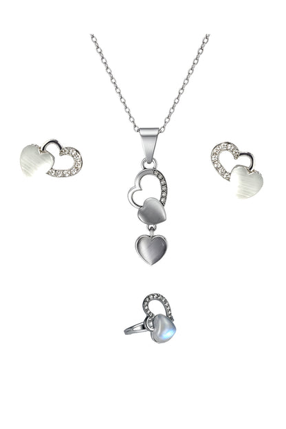 Jewello trendy silver-plated heart design with white stone stud chain pendant set for women and girls.