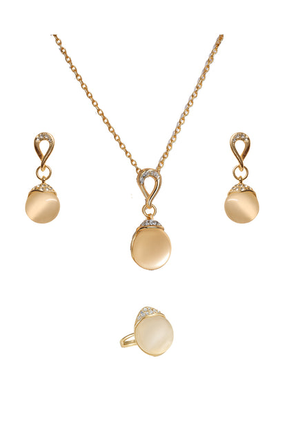 Jewello elegant gold plated with white stone stud earring, finger ring, chain pendant set for women and girls.