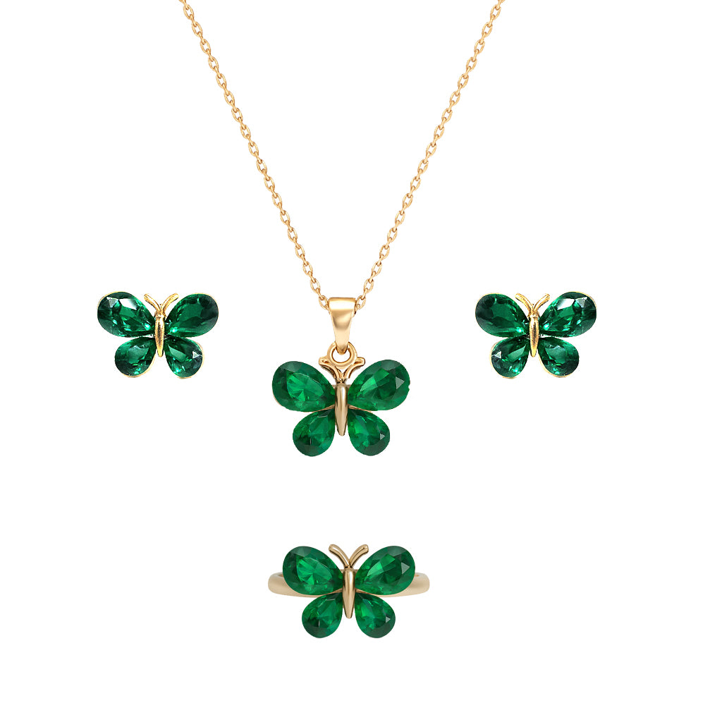 Jewello gold plated butterfly design with green stone stud chain pendant set for women and girls.