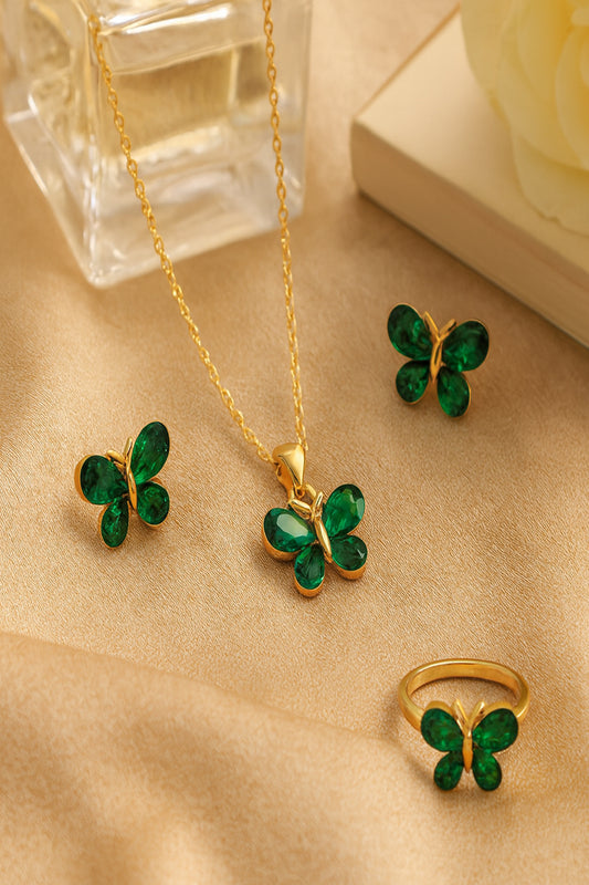 Jewello gold plated butterfly design with green stone stud chain pendant set for women and girls.
