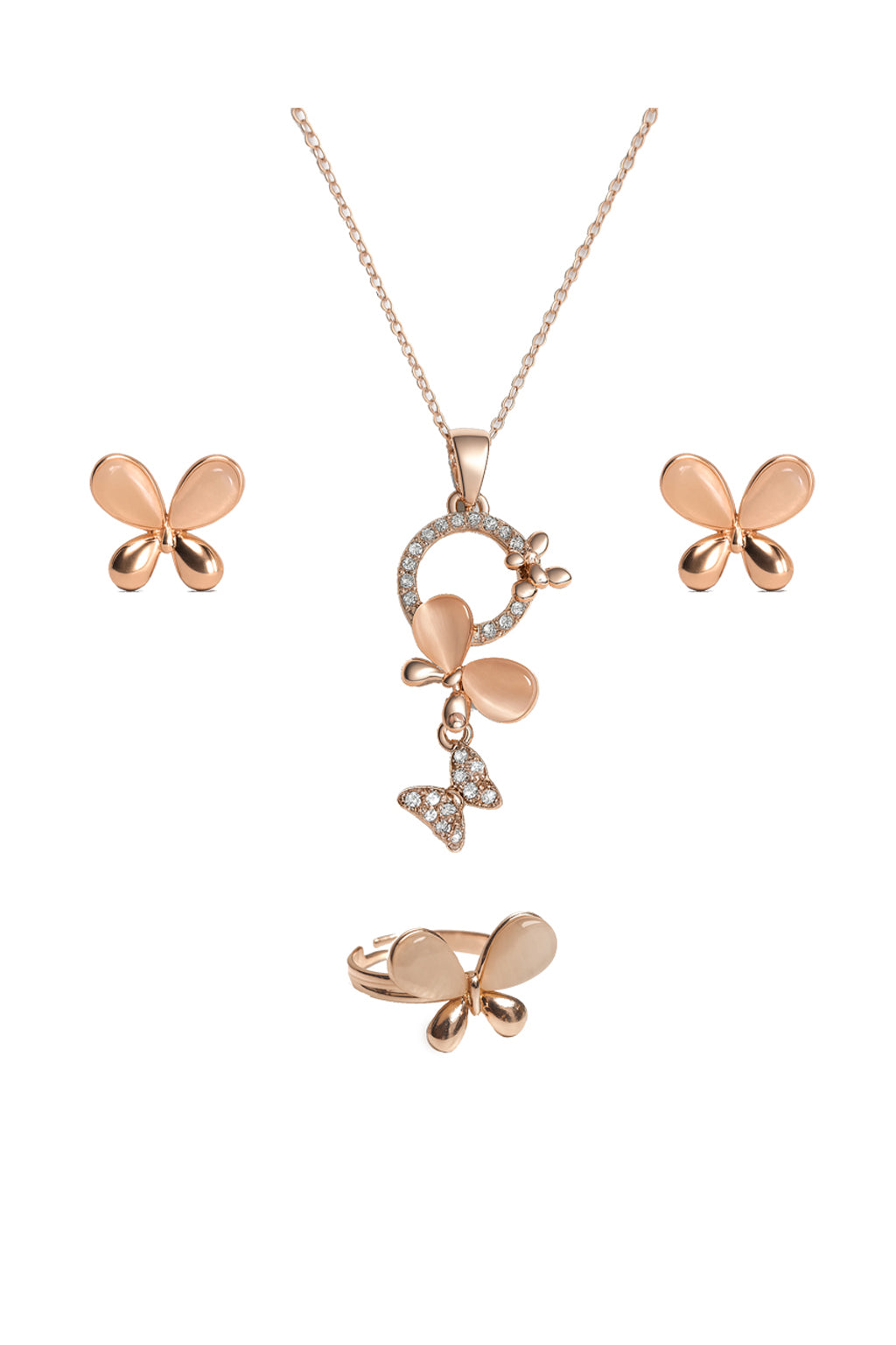 Jewello fashionable gold plated light white stone stud chain pendant set for women and girls.
