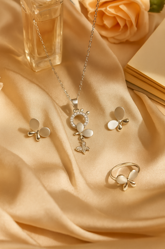 Jewello fancy silver plated floral design with white stone stud chain pendant set for women and girls.