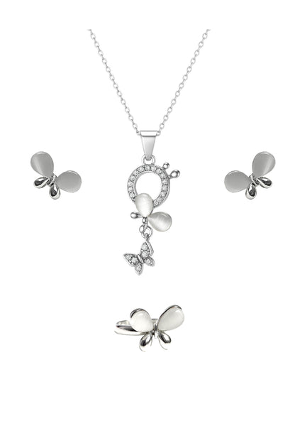 Jewello fancy silver plated floral design with white stone stud chain pendant set for women and girls.