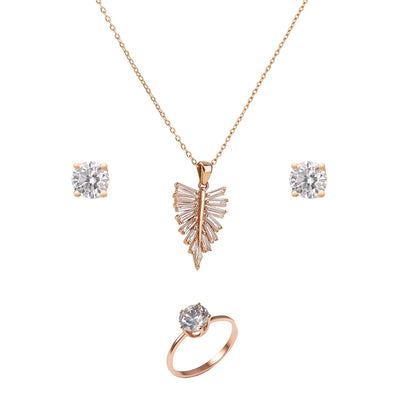 Jewello fancy rose gold plated with shimmering white stone stud pendant chain set for women and girls.