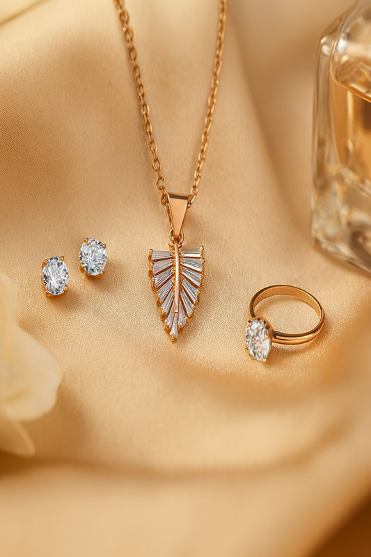 Jewello fancy rose gold plated with shimmering white stone stud pendant chain set for women and girls.