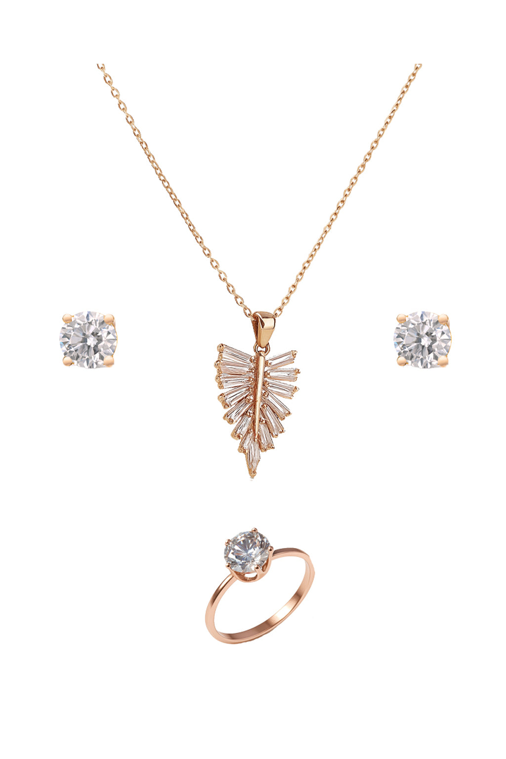 Jewello fancy rose gold plated with shimmering white stone stud pendant chain set for women and girls.
