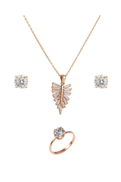 Jewello fancy rose gold plated with shimmering white stone stud pendant chain set for women and girls.