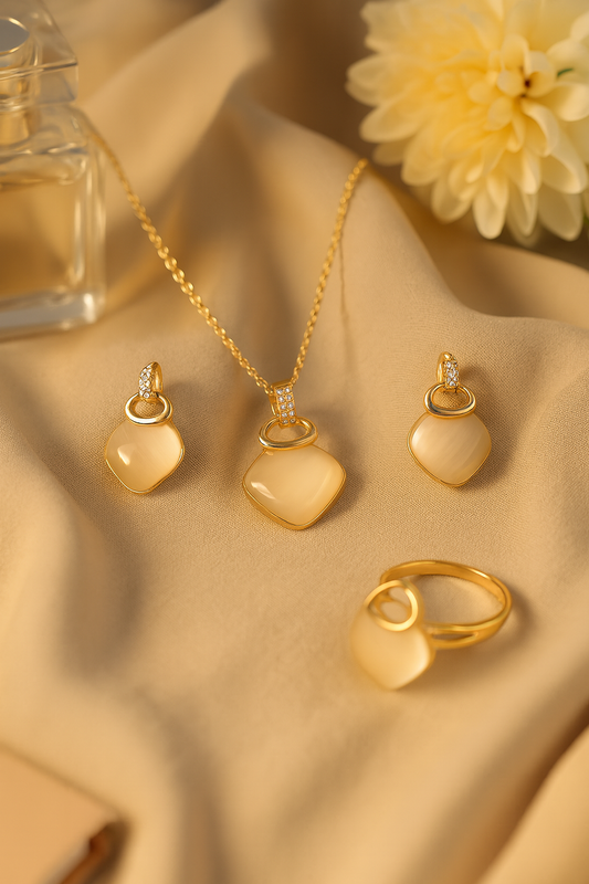 Jewello elegant gold-plated square design with white stone stud pendant chain set for women and girls.