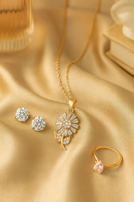 Jewello delicate gold-plated floral design with white stone stud pendant chain set for women and girls.