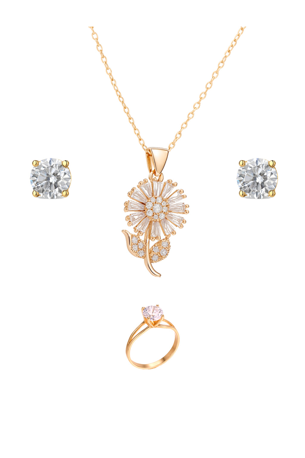 Jewello delicate gold-plated floral design with white stone stud pendant chain set for women and girls.