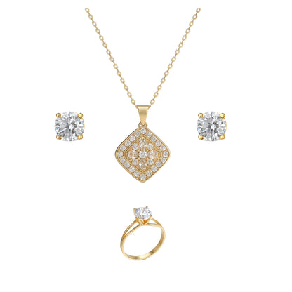 Jewello delicate gold-plated square design with shimmering American diamond stud pendant chain set for women and girls.