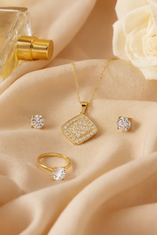 Jewello delicate gold-plated square design with shimmering American diamond stud pendant chain set for women and girls.